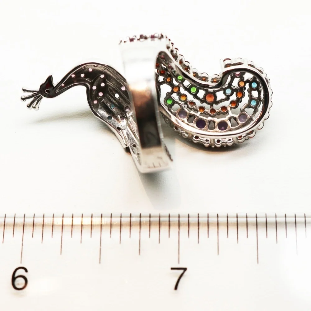 Sterling Silver Peacock Statement Ring Amethyst & Multi Gemstones in Sz 7 💚🦚🩵💍💜
